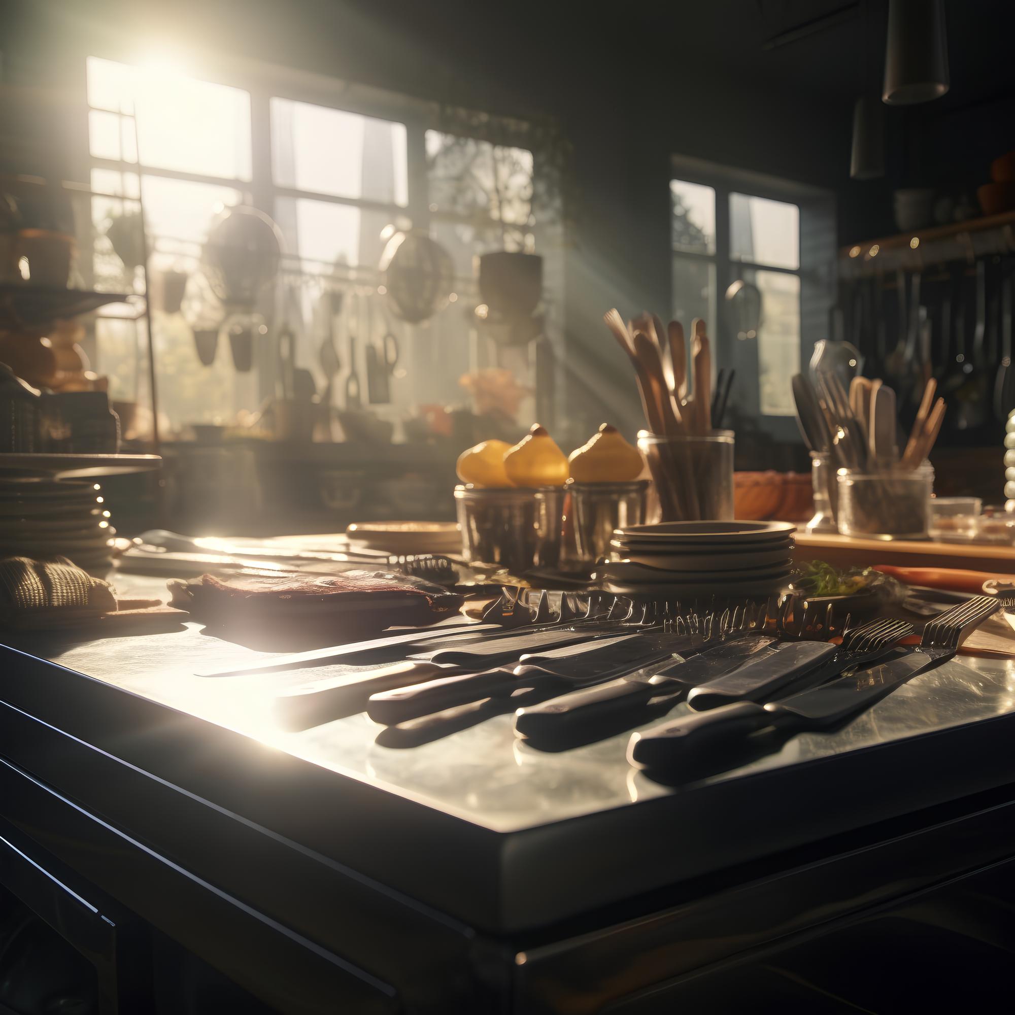 Workshop kitchen with tools and warm lighting
